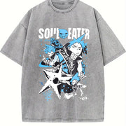 Japan Anime Soul Eater Black Star Printing Loose Harajuku vintage washed oversized T-shirt in Gray