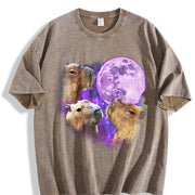 Three Capybaras Retro Capybara Moon Vintage Washed T-Shirt in Brown