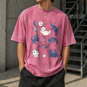 Cats in Space Cat Lover Vintage Washed T-Shirt in Red