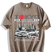 TOKYO Street Racing Car Sleeveless Tank Vintage Washed T-Shirt in Brown