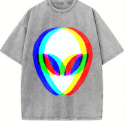 Premium Alien Head Trippy Vaporwave Techno Rave EDM Music Vintage Washed T-Shirt in Gray