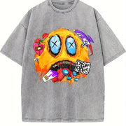 American Street Graffiti Melted Hip-hop Quirky Expression Vintage Washed T-Shirt in Gray
