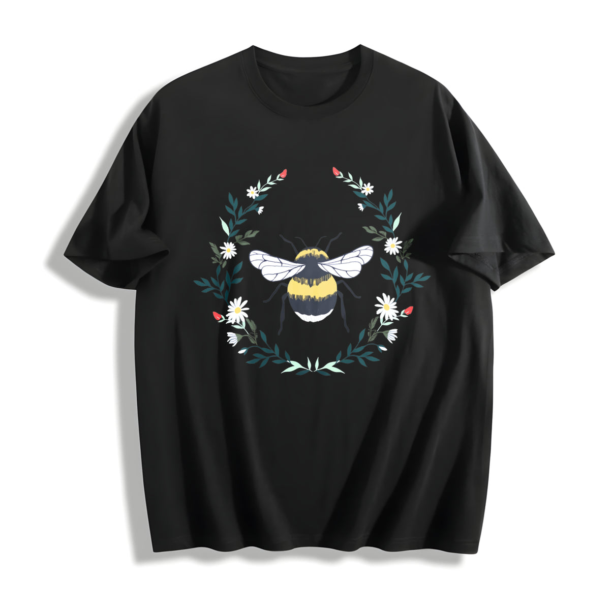 Wildflower Bee Embroidered Cotton T-Shirt in Black