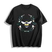 Wildflower Bee Embroidered Cotton T-Shirt in Black