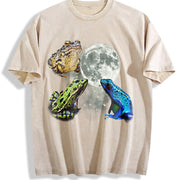 Three Frogs Retro Toads Moon Vintage Washed T-Shirt in Beige