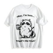 Cute Raccoon Work Coffee Cotton T-Shirt in White