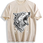 Wolf 90s Retro ® Grunge Howling Wolf Y2k Vintage Washed T-Shirt in Beige