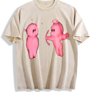 Directional Printing Energetic Vintage Washed T-Shirt in Beige