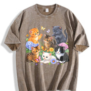 Retro Kitten 90s Cute Cats Boho Floral Cat Butterfly vintage washed oversized T-shirt in Brown