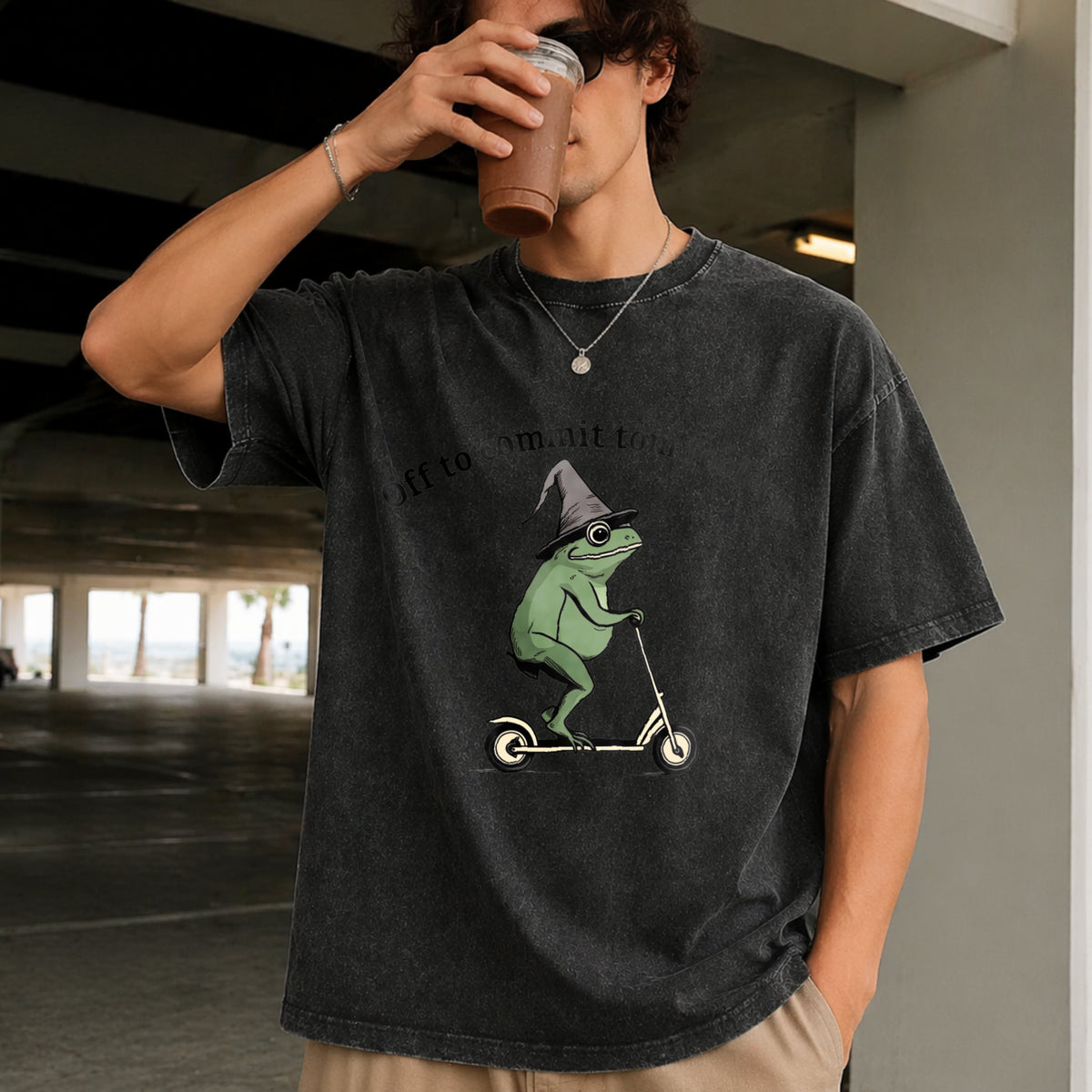 Off to Commit Tom Foolery Frog Vintage Washed T-Shirt in Black