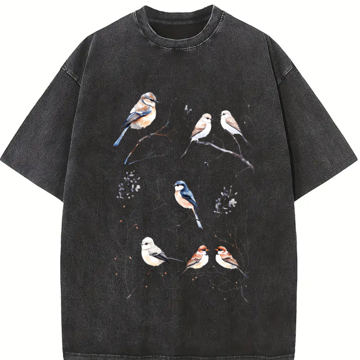 Winter Birds Retro 90s Tattoo Vintage Washed T-Shirt in Black