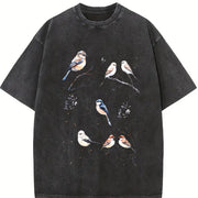 Winter Birds Retro 90s Tattoo Vintage Washed T-Shirt in Black