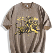Hell Cat Cowgirl Riding Tiger Vintage Washed T-Shirt in Brown