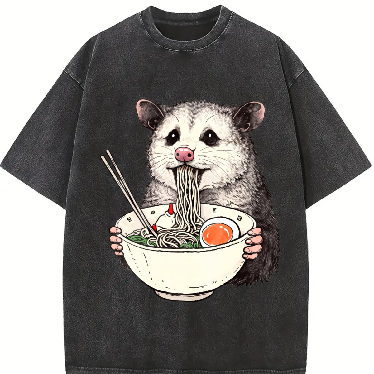 Opossum Ramen Retro Possum Eating Noodles Vintage Washed T-Shirt in Black