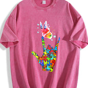 Autism Hand and Butterfly Vintage Washed T-Shirt in Red