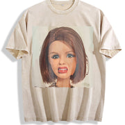 Shocked Brunette Glam Doll Vintage Washed T-Shirt in Beige