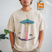 Retro Alien Abduction Vintage Washed T-Shirt in Beige