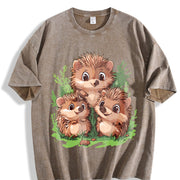 A Round-neck Short-sleeve with Three Brown Hedgehogs Vintage Washed T-Shirt in Brown