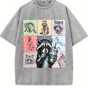 Retro Raccoon Drink Coffee Vintage Washed T-Shirt in Gray