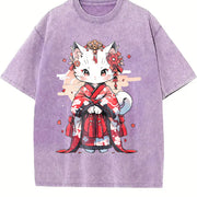 Animal Series Spring/: Cat in a Kimono Vintage Washed T-Shirt in Purple