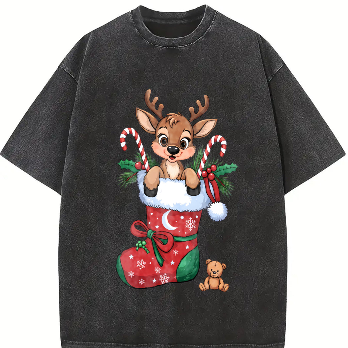 Christmas Reindeer and Candy Cane Vintage Washed T-Shirt in Black