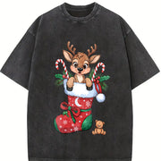 Christmas Reindeer and Candy Cane Vintage Washed T-Shirt in Black
