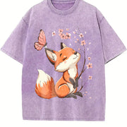 Floral Butterfly Fox Vintage Washed T-Shirt in Purple
