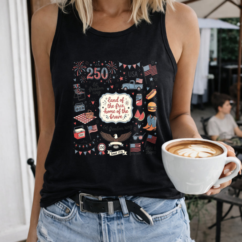 Land of the Free Home of the Brave Women's Color Cotton Tank Top in Black