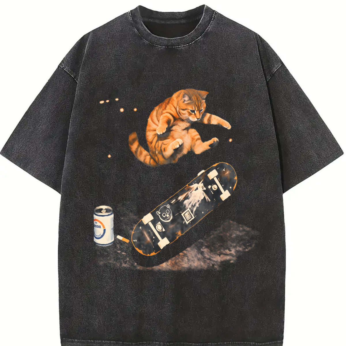 Skateboarding Cat Cats Skate Vintage Washed T-Shirt in Black