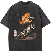 Skateboarding Cat Cats Skate Vintage Washed T-Shirt in Black