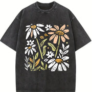 Yellow and White Floral Vintage Washed T-Shirt in Black