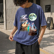 Three Possums Howling at Moon Vintage Washed T-Shirt in Blue