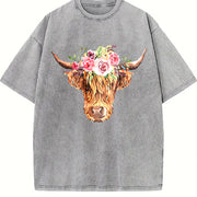 Highland Cow with Flowers Vintage Washed T-Shirt in Gray