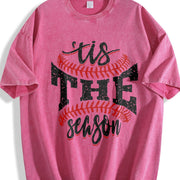 Sports Game Day Faux Glitter Tis the Season Baseball Vintage Washed T-Shirt in Red