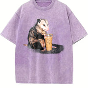 Opossum Drinking Iced Coffee Vintage Washed T-Shirt in Purple