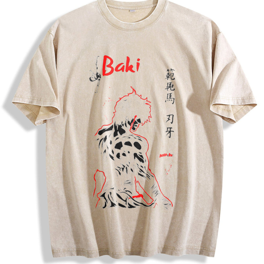 Baki Hanma Anime vintage washed oversized T-shirt in Beige