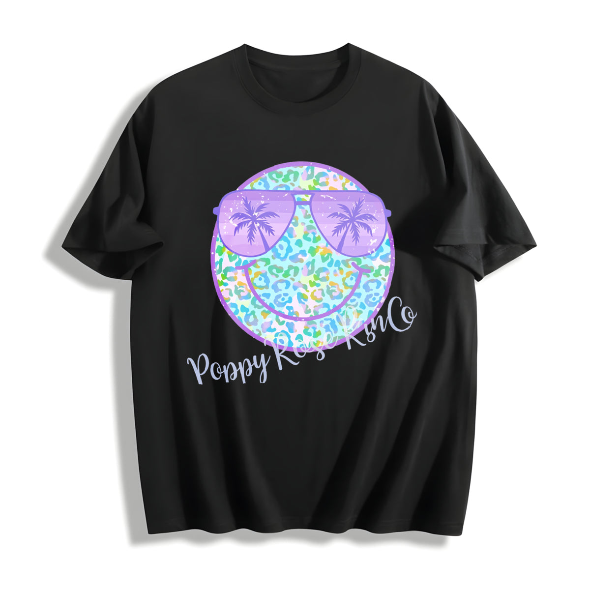 Purple Leopard Smiley Cotton T-Shirt in Black