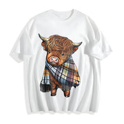 Scottish Highland Cow Plaid Cotton T-Shirt in White