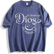 Stylish El Tiempo De Dios Es Perfecto for Spring vintage washed oversized T-shirt in Blue