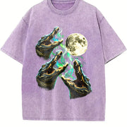 Crocodile Howling to Moon 90s Vintage Washed T-Shirt in Purple