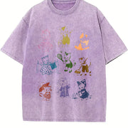 Cute Kitten 1950's Story Book Vintage Washed T-Shirt in Purple