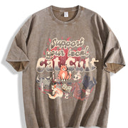 Support Your Local Cat Cult Vintage Washed T-Shirt in Brown