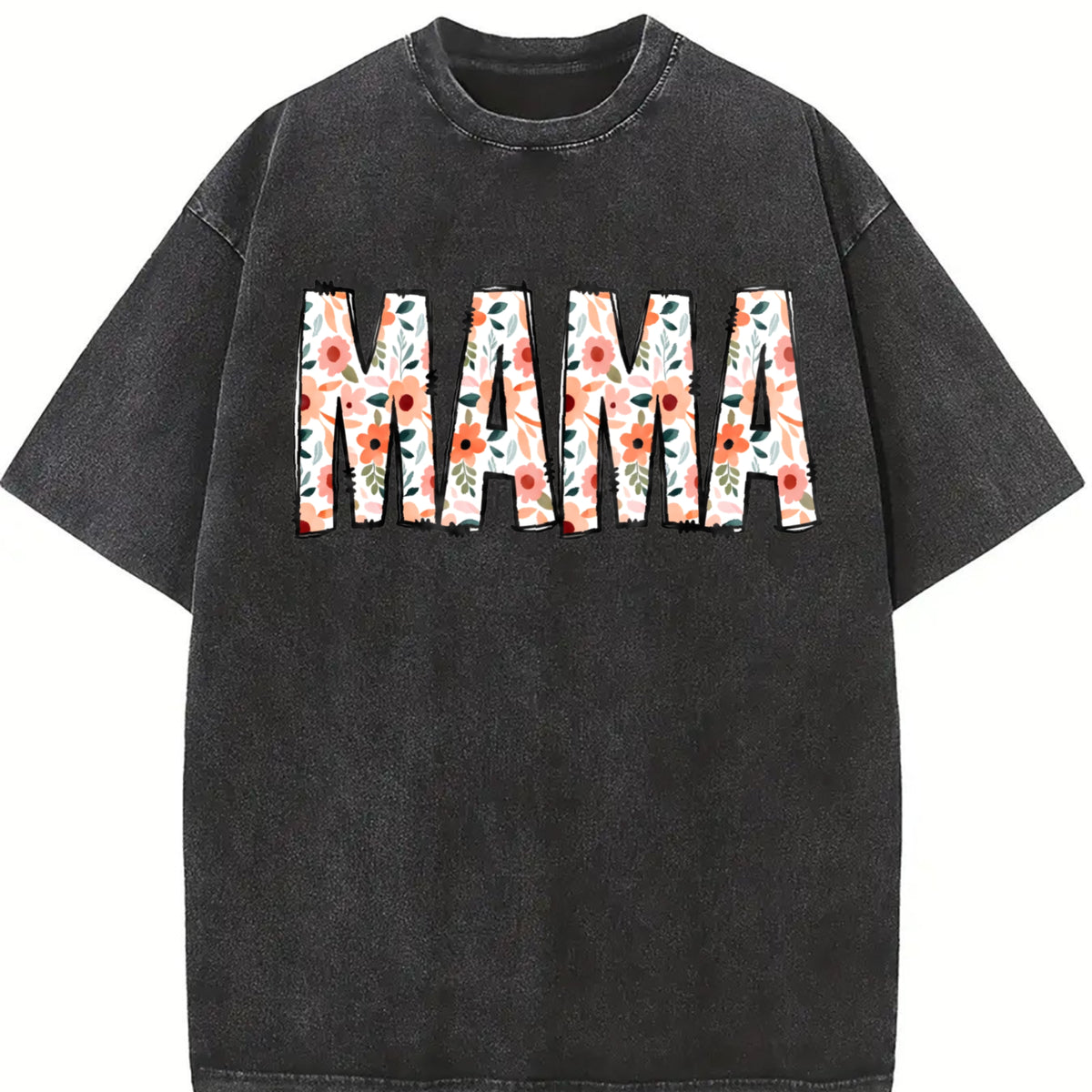 Luokeren Floral MAMA Vintage Washed T-Shirt in Black