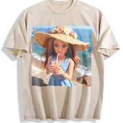 Beach Drink Glam Doll Vintage Washed T-Shirt in Beige