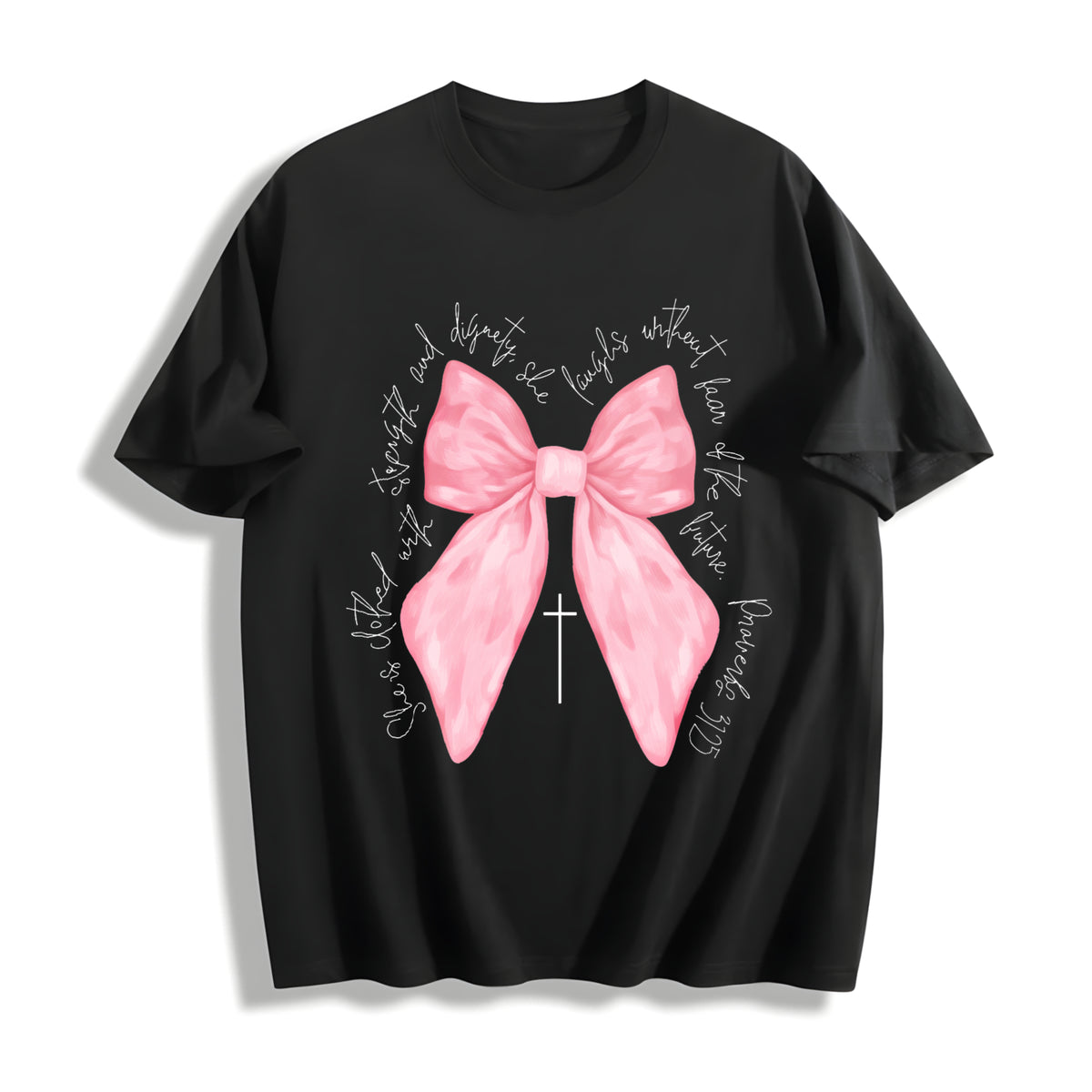 Coquette Christian Pink Bow Faith Cotton T-Shirt in Black