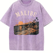 Malibu California Beach Travel Coastal Surf Souvenir Surf Vintage Washed T-Shirt in Purple