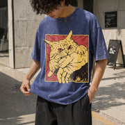 Cat Bite Anime Kitty Vintage Washed T-Shirt in Blue