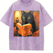 Cat Reading Book Vintage Washed T-Shirt in Purple