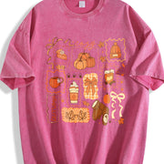 Preppy Fall Bow Pumpkin Pullover Vintage Washed T-Shirt in Red