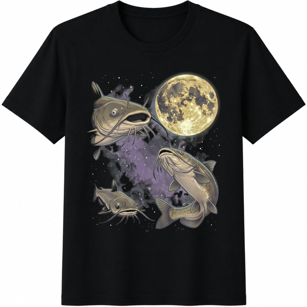 Catfish Moon 90s Fisherman Outdoors Lover Cotton T-Shirt in Black